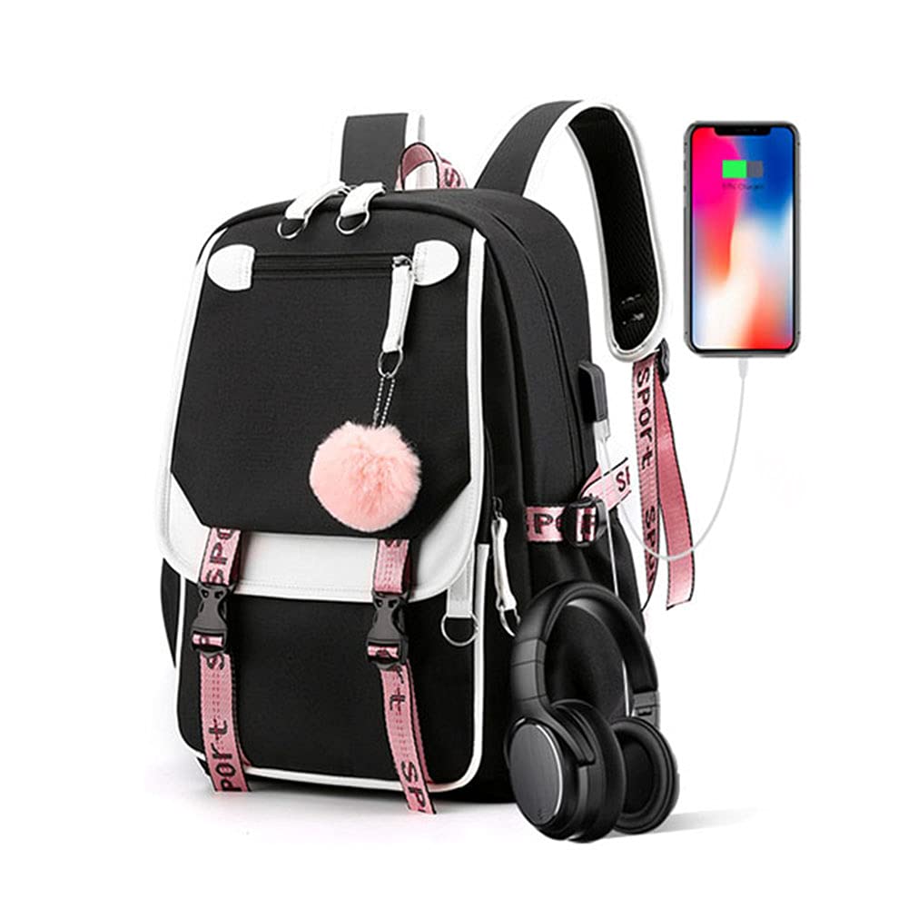 Kids Backpacks For Teen Girls With USB Port, cute black backpack Can Hold 15.6in Notebook,Tablets.Girls Backpack Can Be Used As Gift for Students Or Friends(Black)