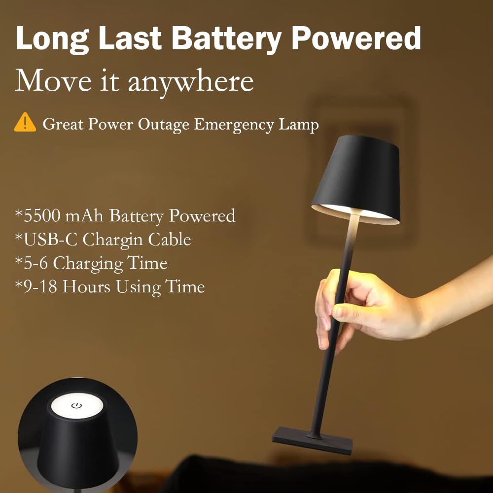 2 Pack Cordless Table Lamp-5500mAh Small Battery Operated Rechargeable Lamp,Waterproof Touch Lamp for Home Bar/Restaurant Dining Desk/Dinner Table/Kitchen,Portable for Outdoor Patio/Camping