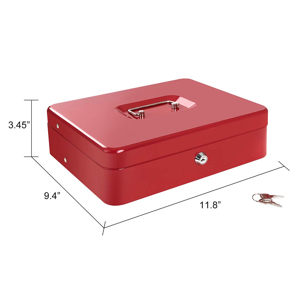Cash Box with Lock and Money Tray Metal Money Box for Cash Large Lock Box for Money Tiered 11.8 x 9.4 x 3.54 Inches Red