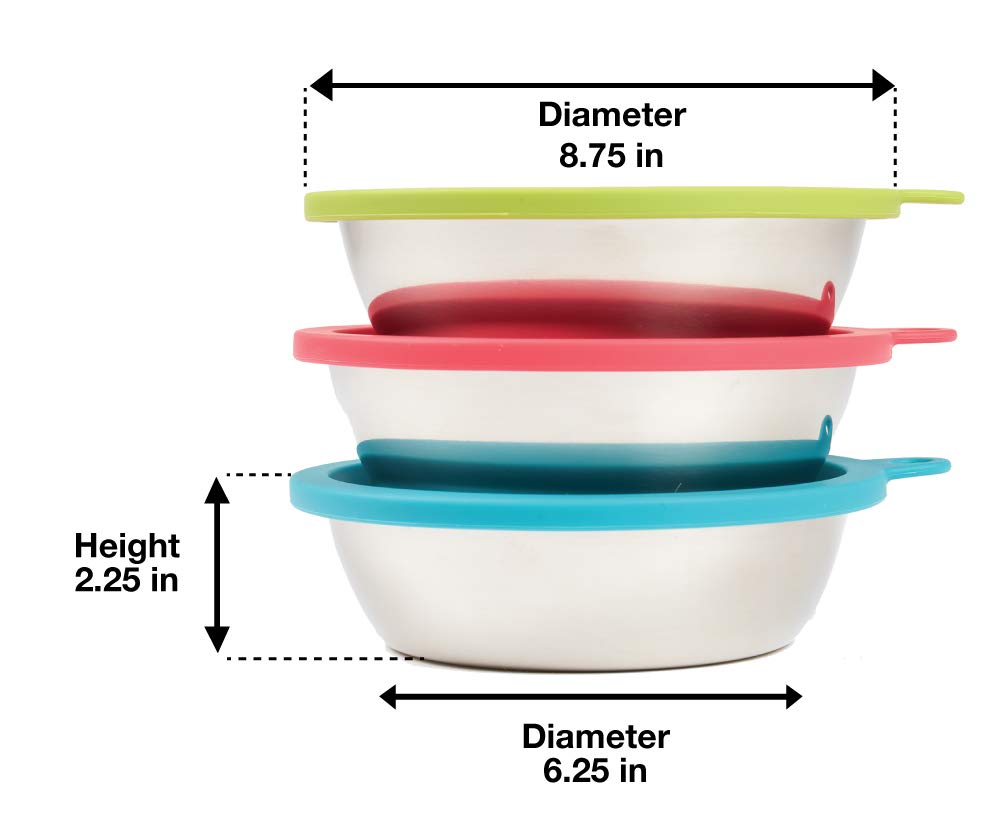Messy Mutts 6-Piece Set | Three Stainless Steel Bowls and Three Colorful Silicone Lids | Sealable Travel Containers | Portable Food/Water Dishes for Pets | Extra Large, 6 Cups