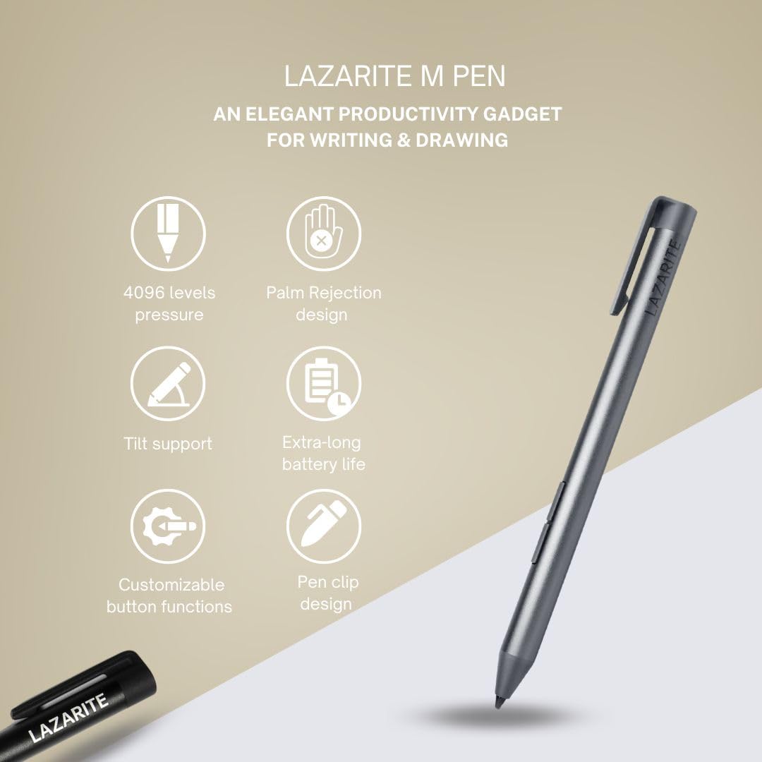 LAZARITE M Pen Black, Active Stylus for Microsoft Surface, Lenovo Flex 5/14, Yoga 7i/9i, Hp Envy x360/Pavilion x360/Spectre x360, 4096 Pressure Sensitivity, Palm Rejection, Tilt Support