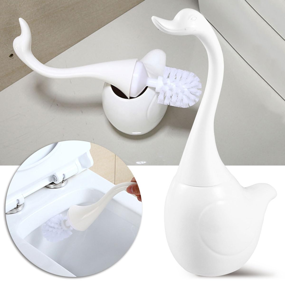 STOBAZA Swan Style Toilet Brush Set with Compact Holder Soft Dense Bristles Bathroom Cleaning Brush for Home Hotel Washroom 12.99X4.52X5.11 Inches
