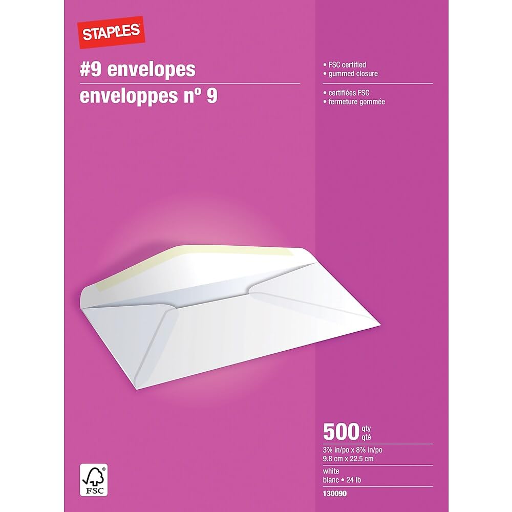 Staples #9 White Premium Gummed Envelopes - 3-7/8" x 8-7/8" - 500 Pack