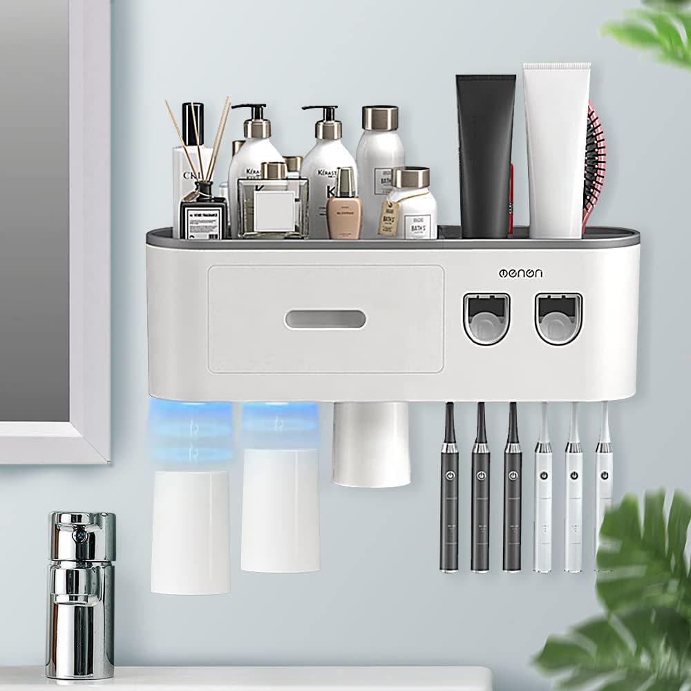 BHeadCat Toothbrush Holder Wall Mounted, Toothbrush Holder for Bathroom with 2 Automatic Toothpaste Dispensers,6 Toothbrush Slots,3 Magnetic Cups,1 Cosmetic Drawer Organizer and 1 Large Storage Tray