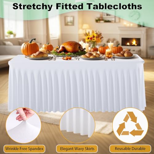 5 Pack White Spandex Fitted TableClothes for 6 Foot Rectangle Tables, Stretchy Long White Table Cloth Rectangle Tablecloth 6ft Fitted Table Cover Skirt for Weddings Birthday Party Banquet Baby Shower