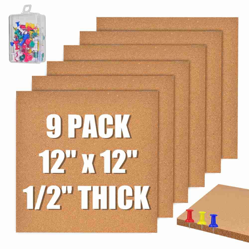 YCCYYCCY Self-Adhesive Cork Borad, 12mm Thick Cork Boards for Walls, 9 Pack Bulletin Board, Cork Board Tiles for Office, Home, School (12MM, 12"*12"-9P)