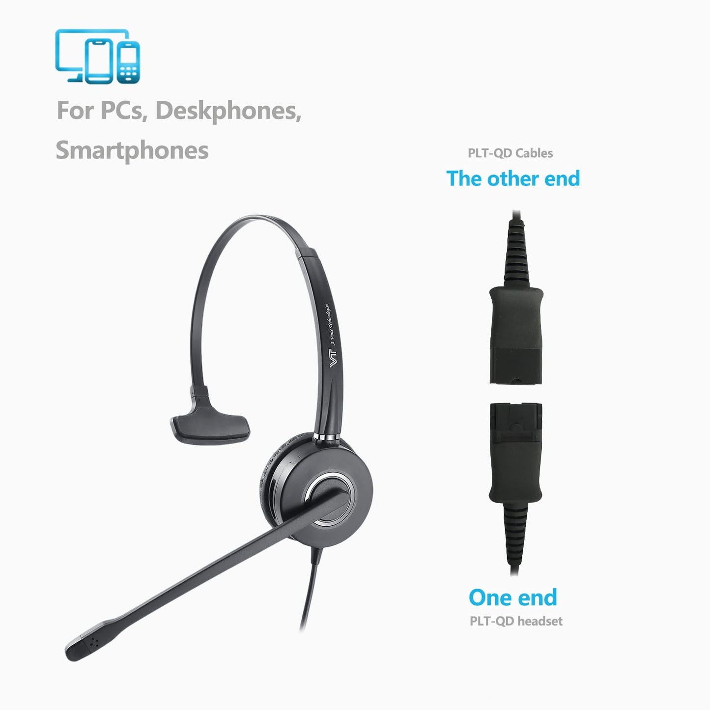 Mono Plantronic-QD Headset with Microphone - for Cables with Quick Disconnect Connector for Call Center Office (VT6932QD)
