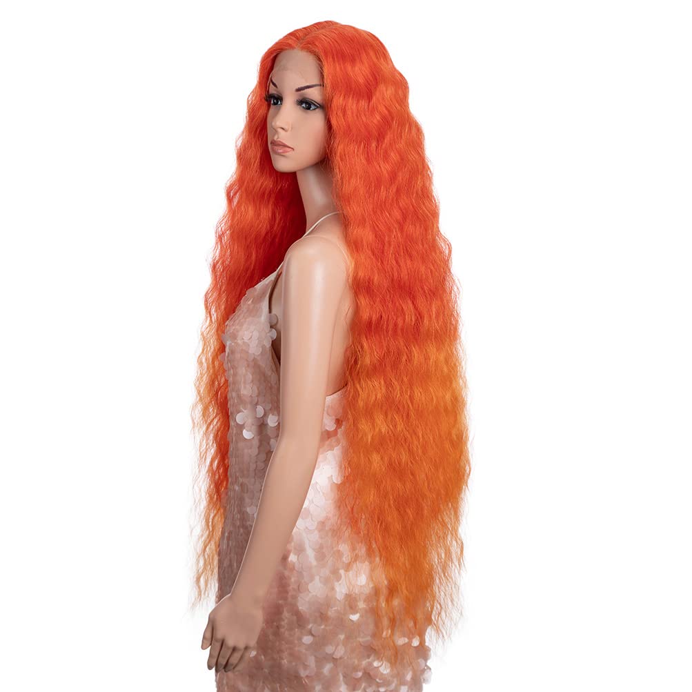 Style Icon 41" Lace Front Wigs Long Wavy Synthetic Wigs with Baby Hair Half Hand Tied 130% Density Wigs (41", T-RED/ORANGE)