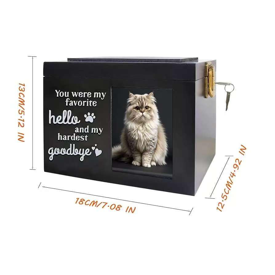 Keepsake Box - Wooden Cat Urn Ashes Memorial Box, Paw Print Urn with Photo Frame and Key, Companion Animal Pet Urns Black Memory Box for Cats Dogs Cremation