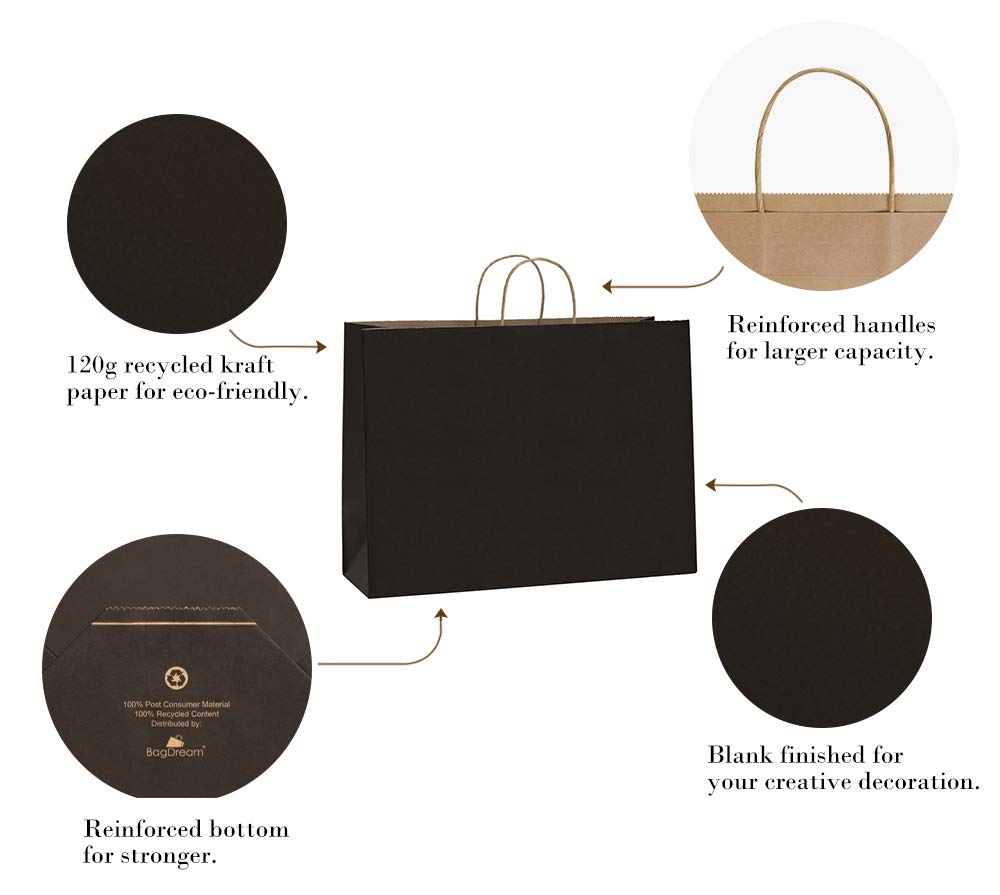 BagDream 16x6x12"- 50pcs Black Kraft Paper Bags with Rope Handles for Shopping, Grocery, Mechandise, Party, Gift Bags, Large Size 100% Recyclable Paper Bags