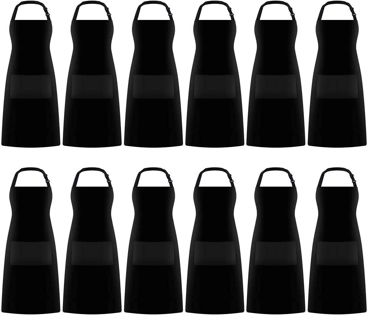 Professional Bib Aprons,12 Pack Bib Aprons with 2 Pockets, Unisex Cooking Kitchen Aprons for Chef Couple BBQ Painting,Black
