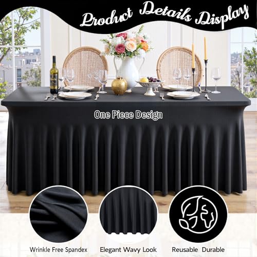 leegleri 4 Pack Black Spandex Fitted Table Clothes for 5 Foot Rectangle Tables, Wrinkle Free 5ft Spandex Table Cover with Skirt-for Banquet Weddings Parties