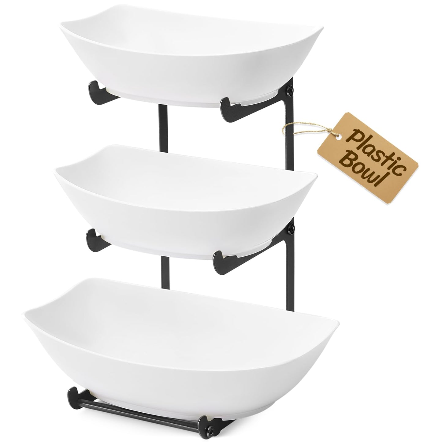 Lifewit Plastic Fruit Bowl Basket for Kitchen Countertop, 3 Tier Fruit Holder with Black Metal Stand, Serving Tray for Food, Vegetable, Cake, Dessert in Party