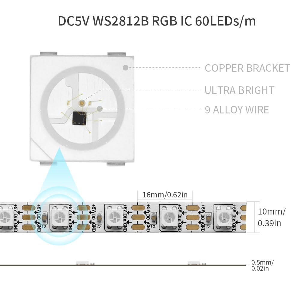 LOAMLIN WS2812B IC RGB 5050SMD ECO Individual Addressable LED Strip Light, 16.4FT 300LED 60LED/m Flexible Full Color IP65 Waterproof DC5V White PCB for DIY Project (No Power Adapter or Controller)