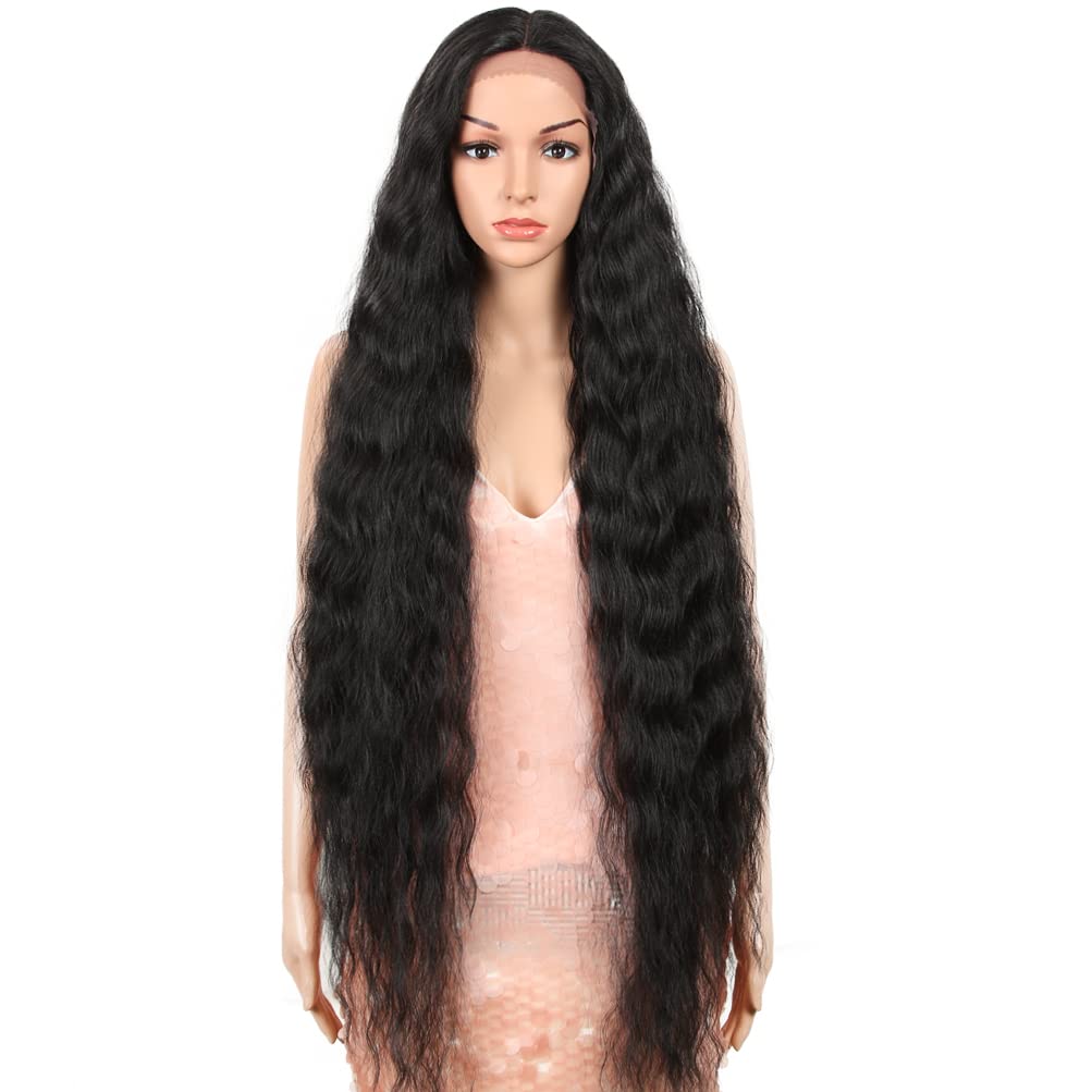 Style Icon 41” Lace Front Wigs Long Wavy Synthetic Wigs with Baby Hair Half Hand Tied 130% Density Wigs (41", 1B)