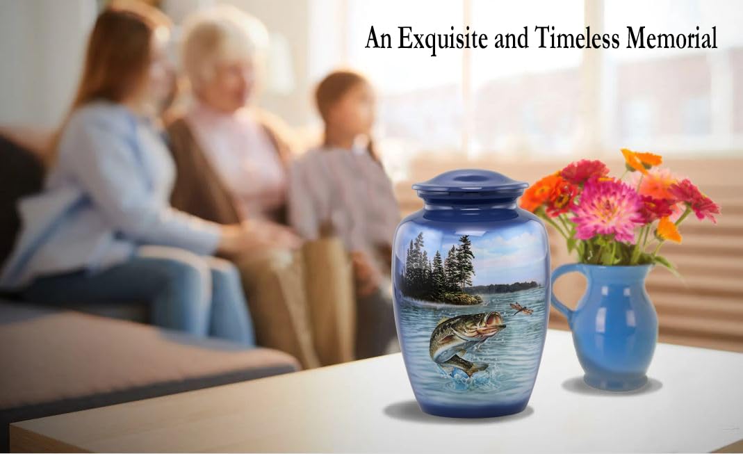 Bass Fishing Urn - Bass Fish Cremation Urn for Ashes - Adult Fishing Urn - Handcrafted Adult Bass Fish Funeral Urn - Fishing Memorial Urn with Velvet Bag (Large)