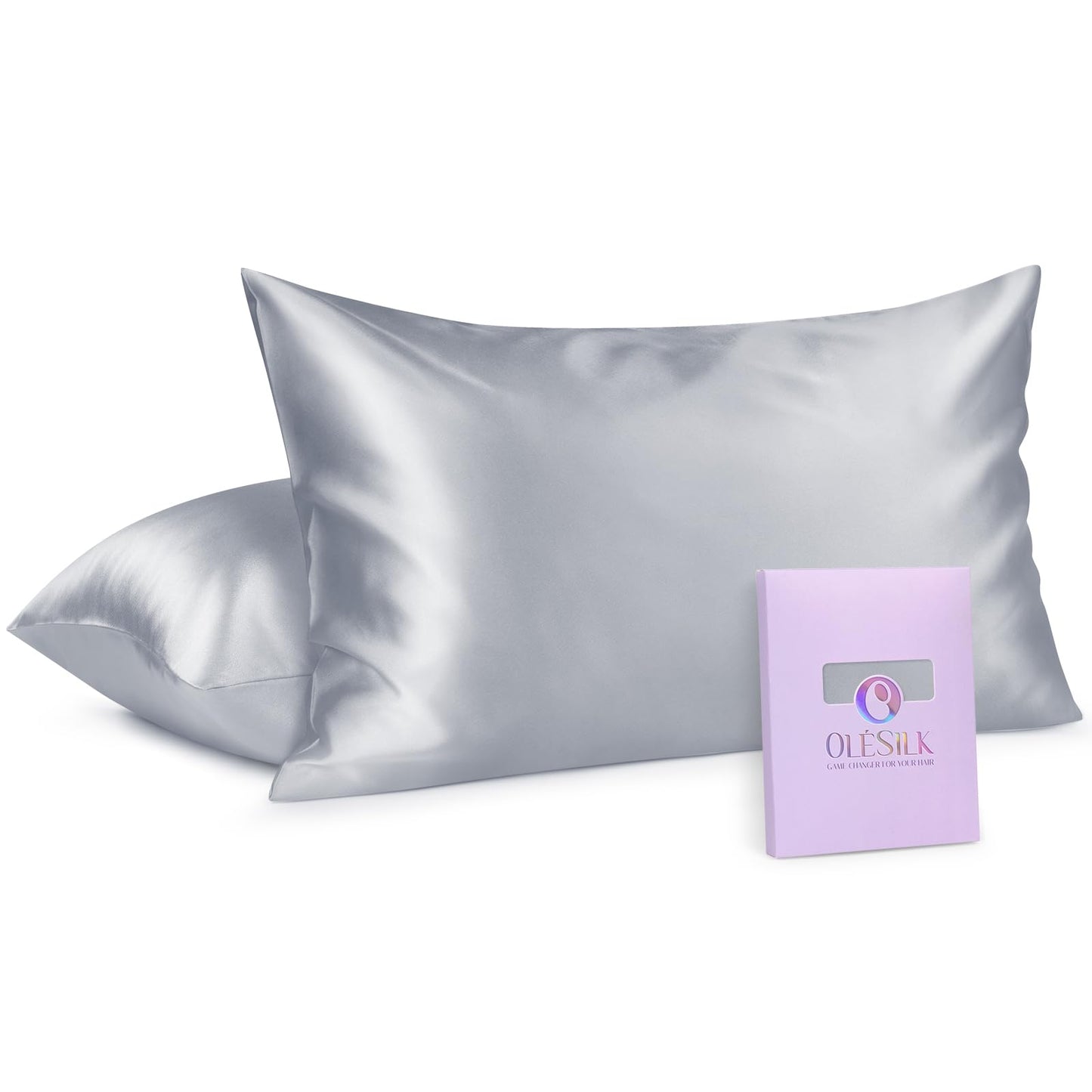 OLESILK 100% Mulberry Silk-Pillow-Cases 2 Pack Queen Size for Hair and Skin, Pure Silk-Pillowcase with Hidden Zipper, Cooling Breathable Smooth, Silver Grey, 20''×30''