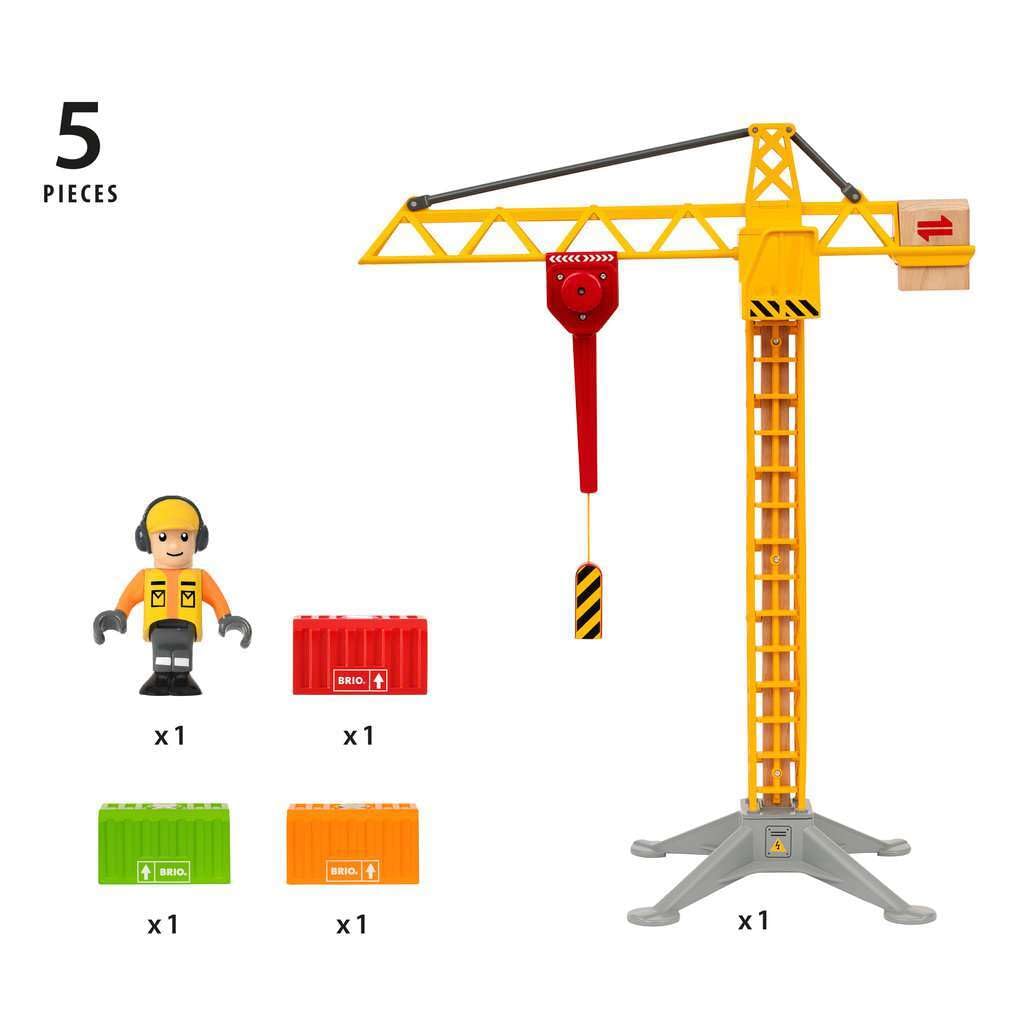 BRIO 33835 Construction Crane with Lights | Wooden Toy Train Set for Kids Age 3 and Up
