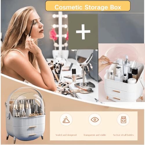 Makeup Organizer Box with Transparent dustproof Cover，Portable 3 Tier Skincare Cosmetics Organizers with Drawers Display for Bathroom, Countertop, Vanity