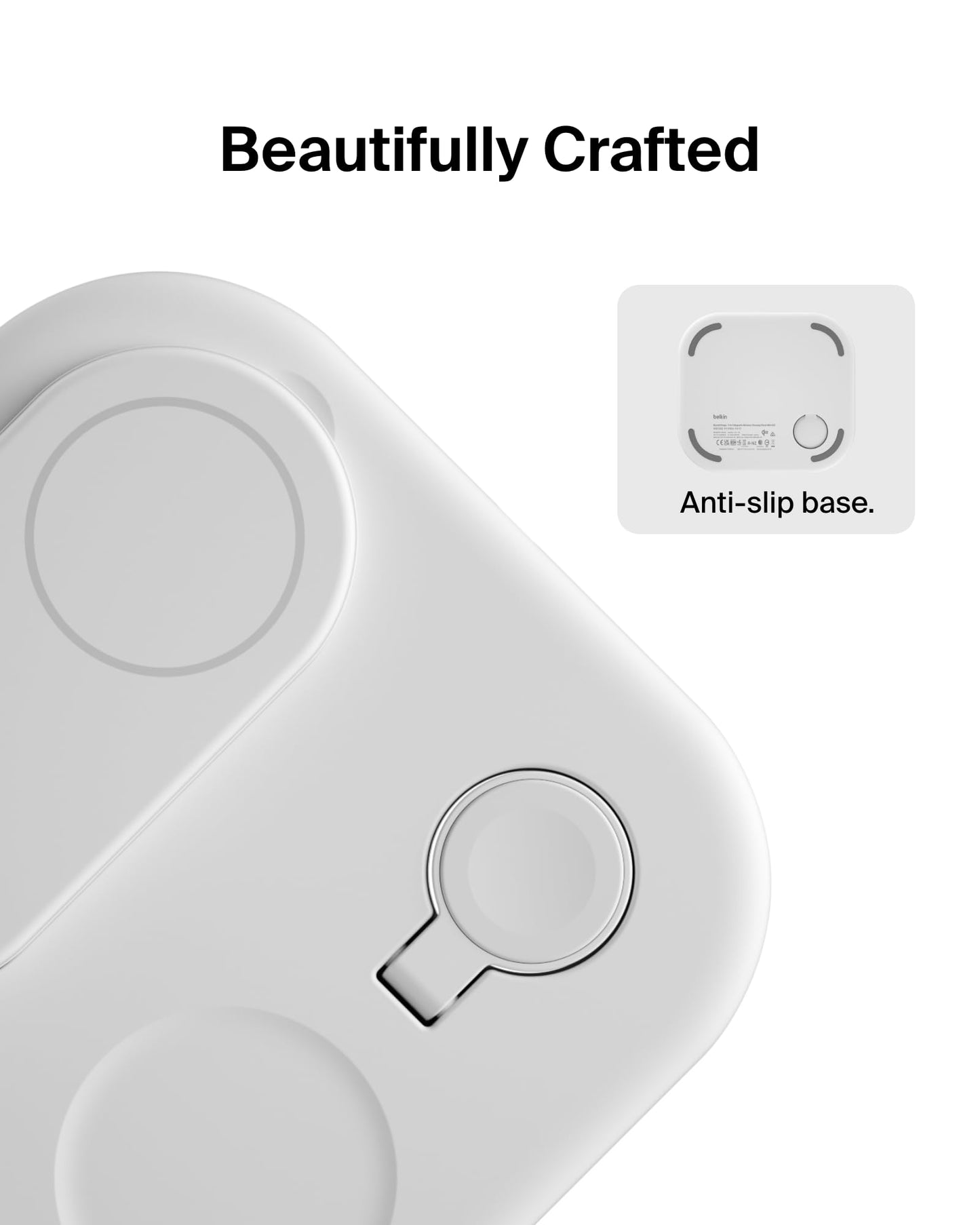 Belkin 3-in-1 MagSafe-Compatible iPhone Charger 15W, Foldable Magnetic Qi2-Certified Wireless Charging Station for iPhone 17, Apple Watch Series 10, AirPods 4, and More, w/Non-Slip Base & PSU - White