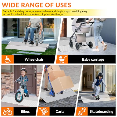 Aluminum Threshold Ramp,12 Inch Portable Self Supporting Entry Handicap Ramp, Doorways Rated 800 lbs,forWheelchair Scooters Power Chairs Walkers Metallic