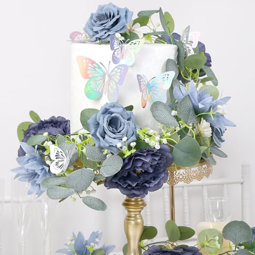 HOMENERGY Eucalyptus Garland with Flowers - 4 Pack 5.9 FT Fake Flower Garland with Butterflies Faux Rose Greenery Garlands for Wedding Table Backdrop Arch Centerpieces Decorations - Navy Blue