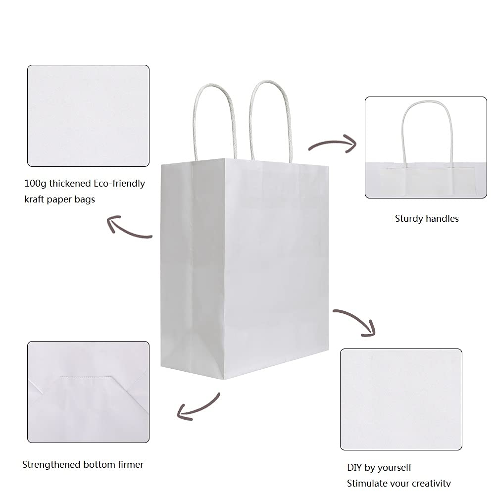 bagmad 100Pcs Pack 8x4.75x10 inch Medium White Kraft Paper Bags with Handles Bulk, Gift Bags, Craft Grocery Shopping Retail Birthday Party Favors Wedding Sacks Restaurant Takeout, Business (100)