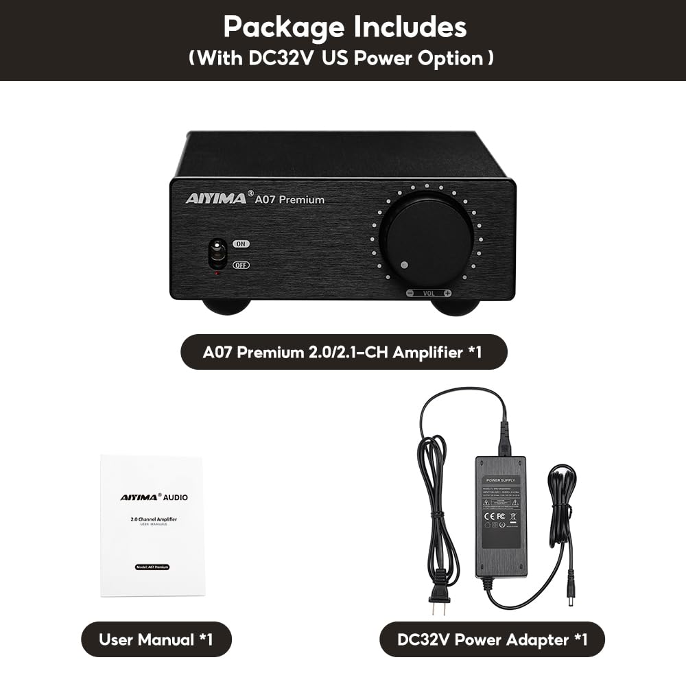 AIYIMA A07 Premium TPA3255 Power Amplifier 300Wx2 HiFi Class D Audio Amp Mini 2 Channel Stereo Amplifier for Passive Speaker Desktop Bookshelf Home Theater System with DC 32V Power Adapter