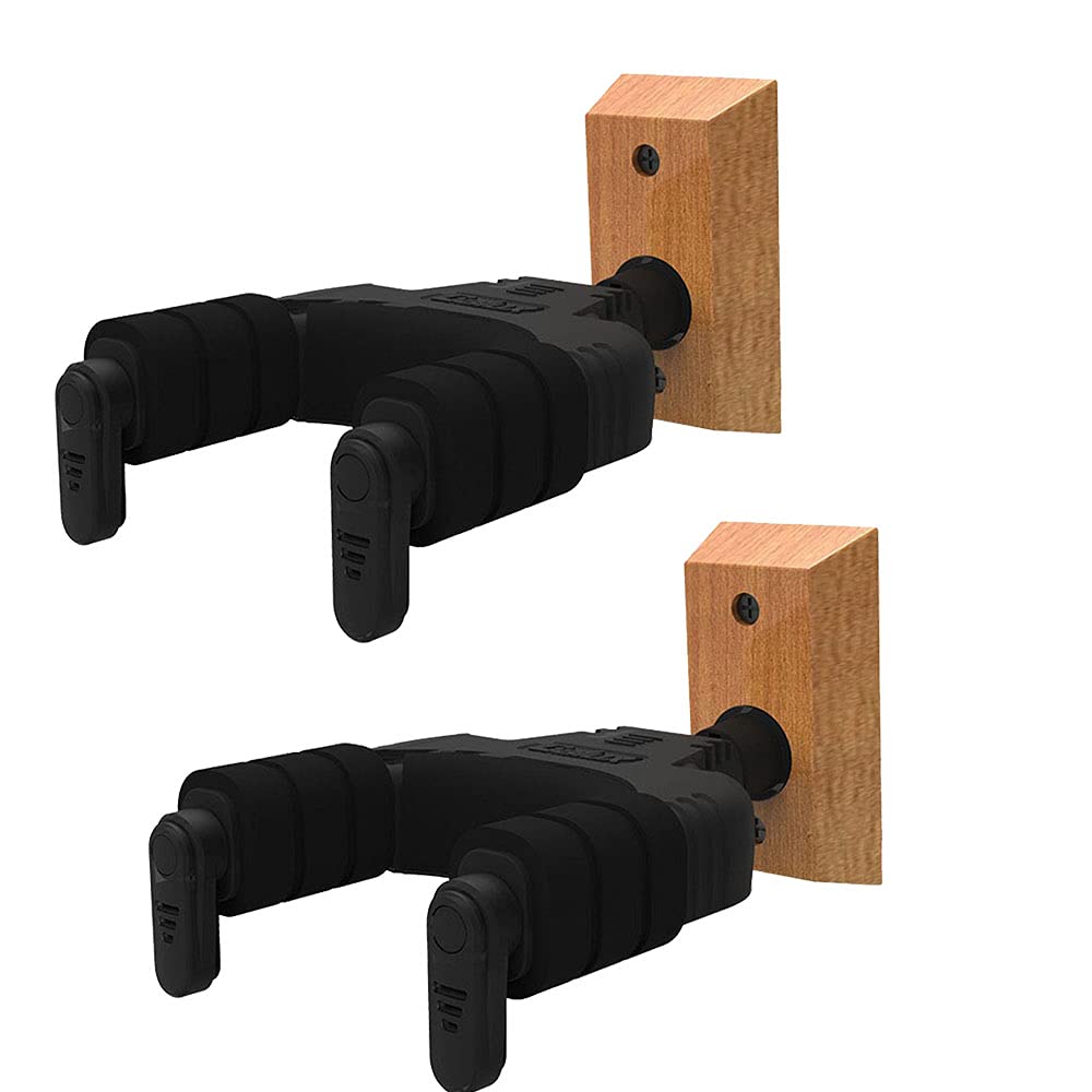 XIYANGJUAN Guitar Wall Mount Hanger 2 Pack Auto Lock Bass Wall Hanger, Hard Wood Base Hook for Acoustic Classical Electric Bass Guitars Ukulele Banjo and Mandolin (2 Sets)
