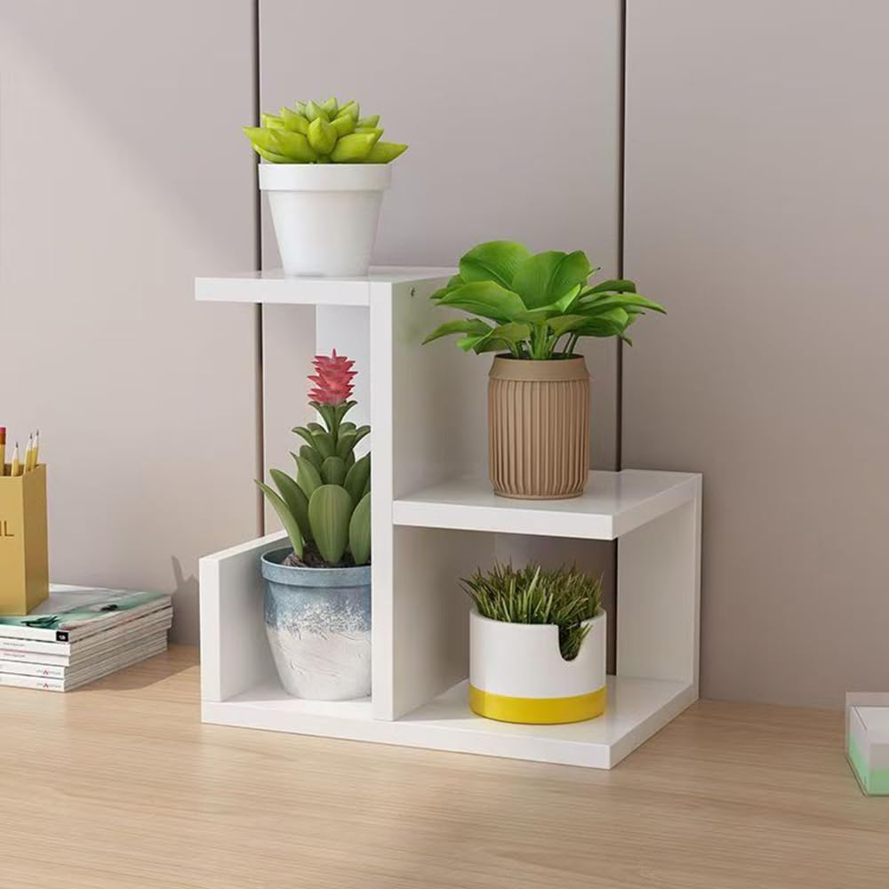 Hbluefat Desktop Bookshelf Organizer, Small Wooden Storage Rack, Multi-Functional Desk Display Shelf for Home Office (White)