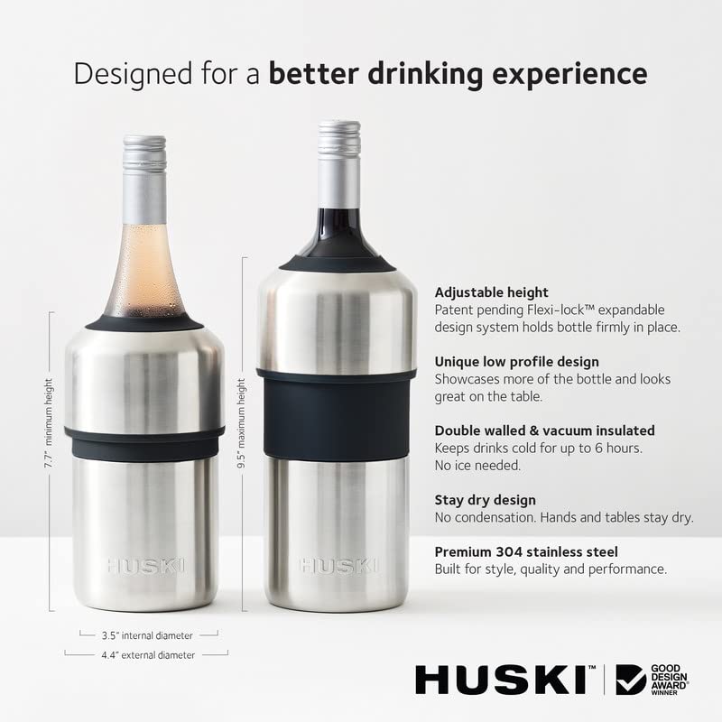 Huski Wine Chiller | Award Winning Iceless Design | Keeps Wine Cold up to 6 Hours | Fits Most 750ml Wine & Some Champagne Bottles | White Stainless Steel Cooler | 0.75L Capacity