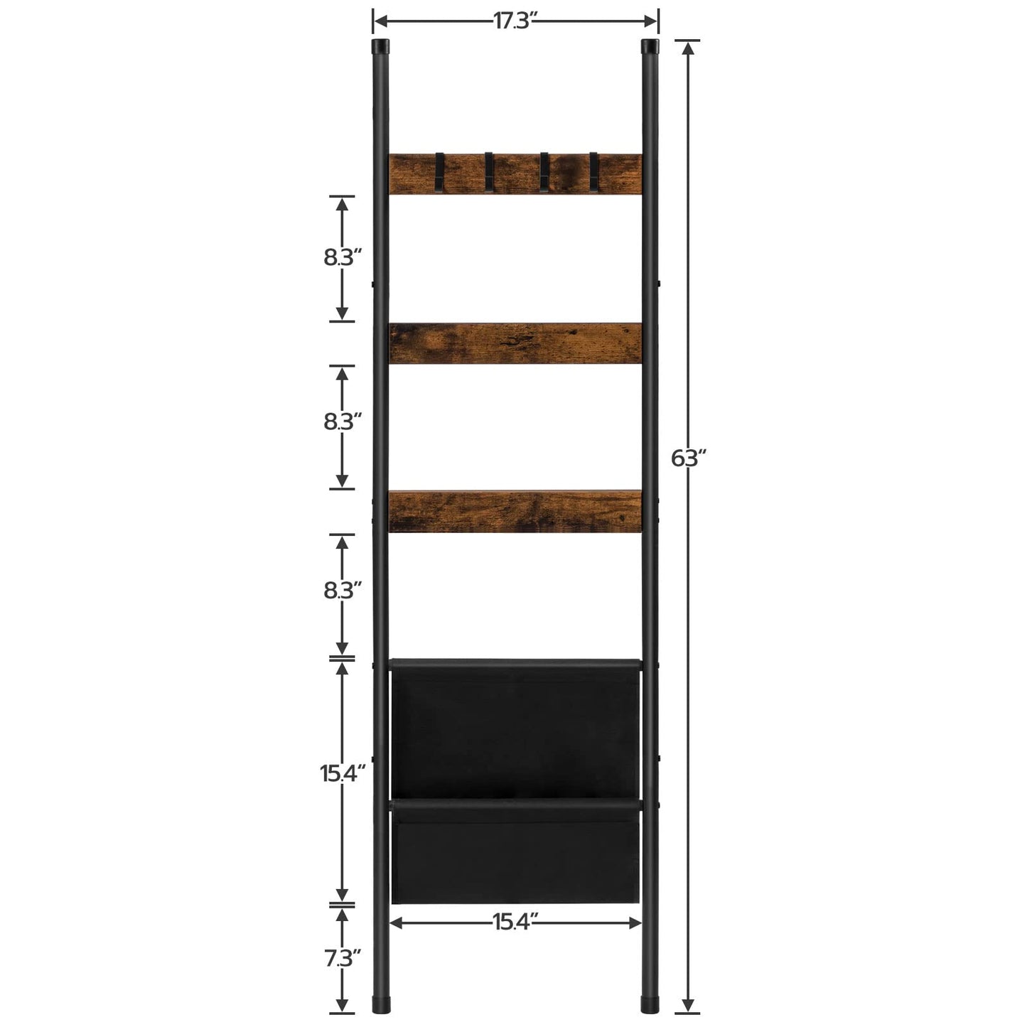 HOOBRO Blanket Ladder, 5 Tier Ladder Shelf, Wall-Leaning Blanket Rack with 4 Removable Hooks and Storage Pocket, Towel Drying and Display Rack for Bathroom, Bedroom, Rustic Brown BF32CJ01