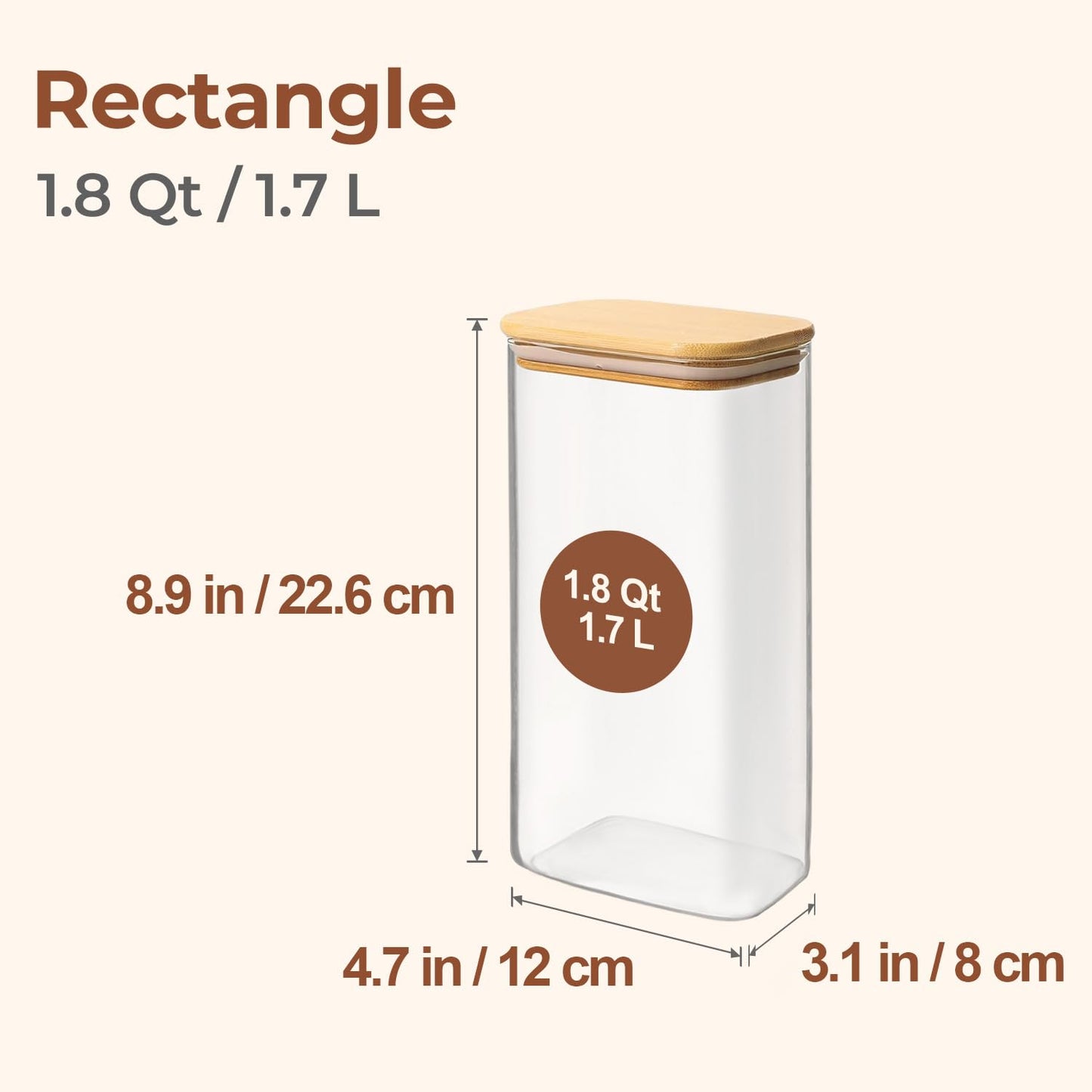 ComSaf 1.7L Rectangle Glass Containers with Lids, Glass Jars with Bamboo Lids, Clear Food Storage Jar, Cereal Storage Containers, Pantry Storage for Brown Sugar Pasta Flour Oats Nuts Tea