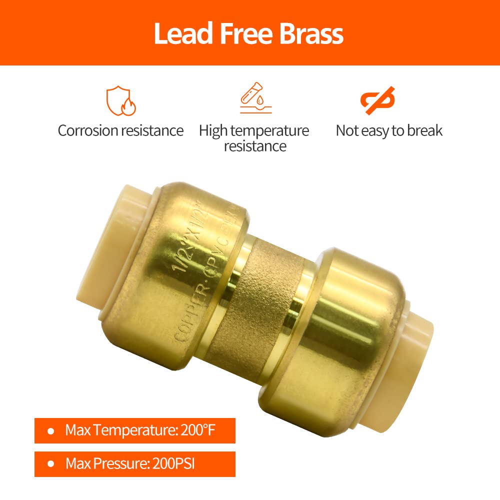 6 Pack 1/2" Push-to-Connect Plumbing Fittings, 1/2" Straight/Elbow/Tee Plumbing Fitting with 1/2" Disconnect Clip, Lead Free Brass Pushfit Fittings for Copper, PEX, CPVC Pipe