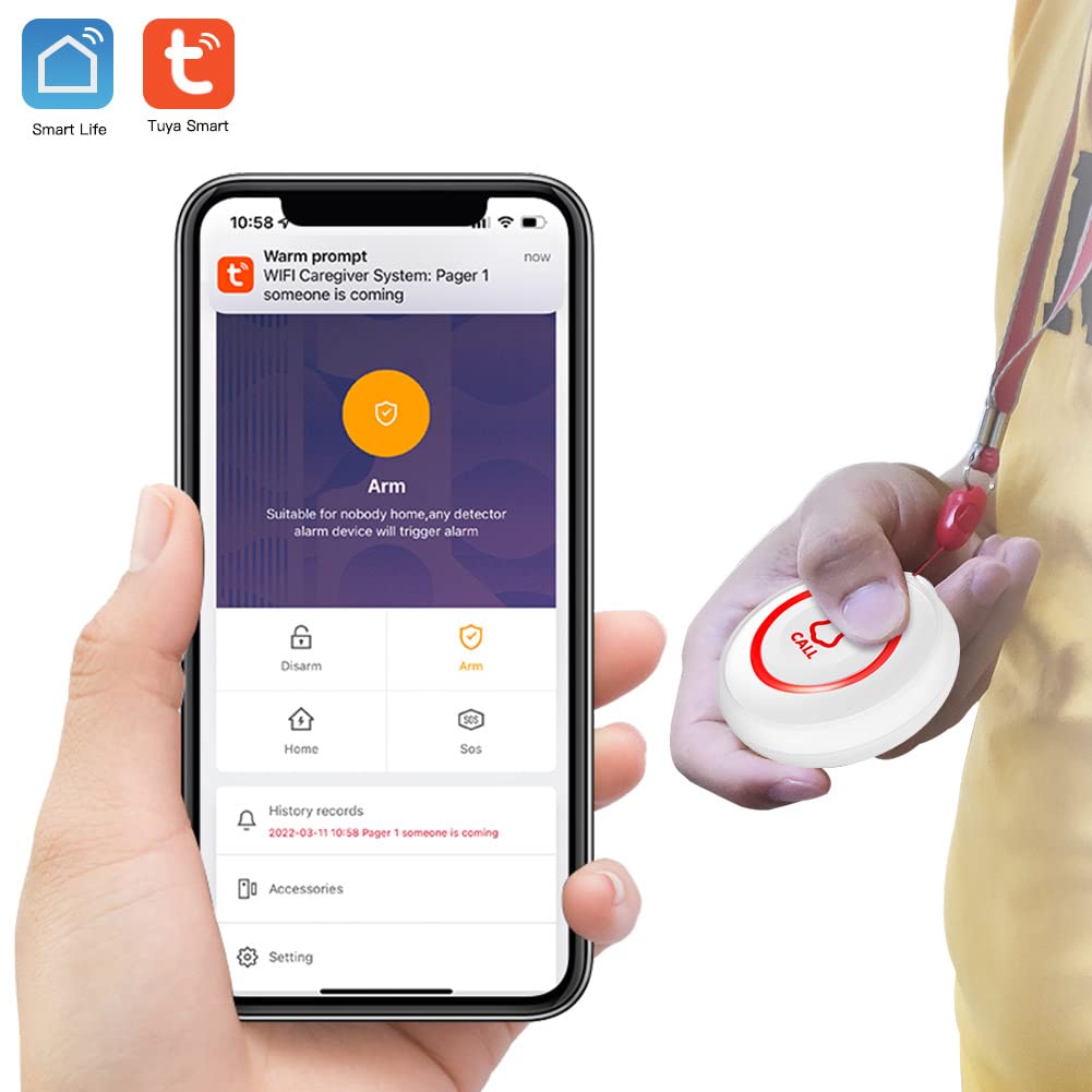 SINGCALL Tuya WiFi Smart SOS Emergency Wireless Caregiver Pager Calling System Home Caring for Old People Patients Children 2 Transmitters 1 Plugin Receiver