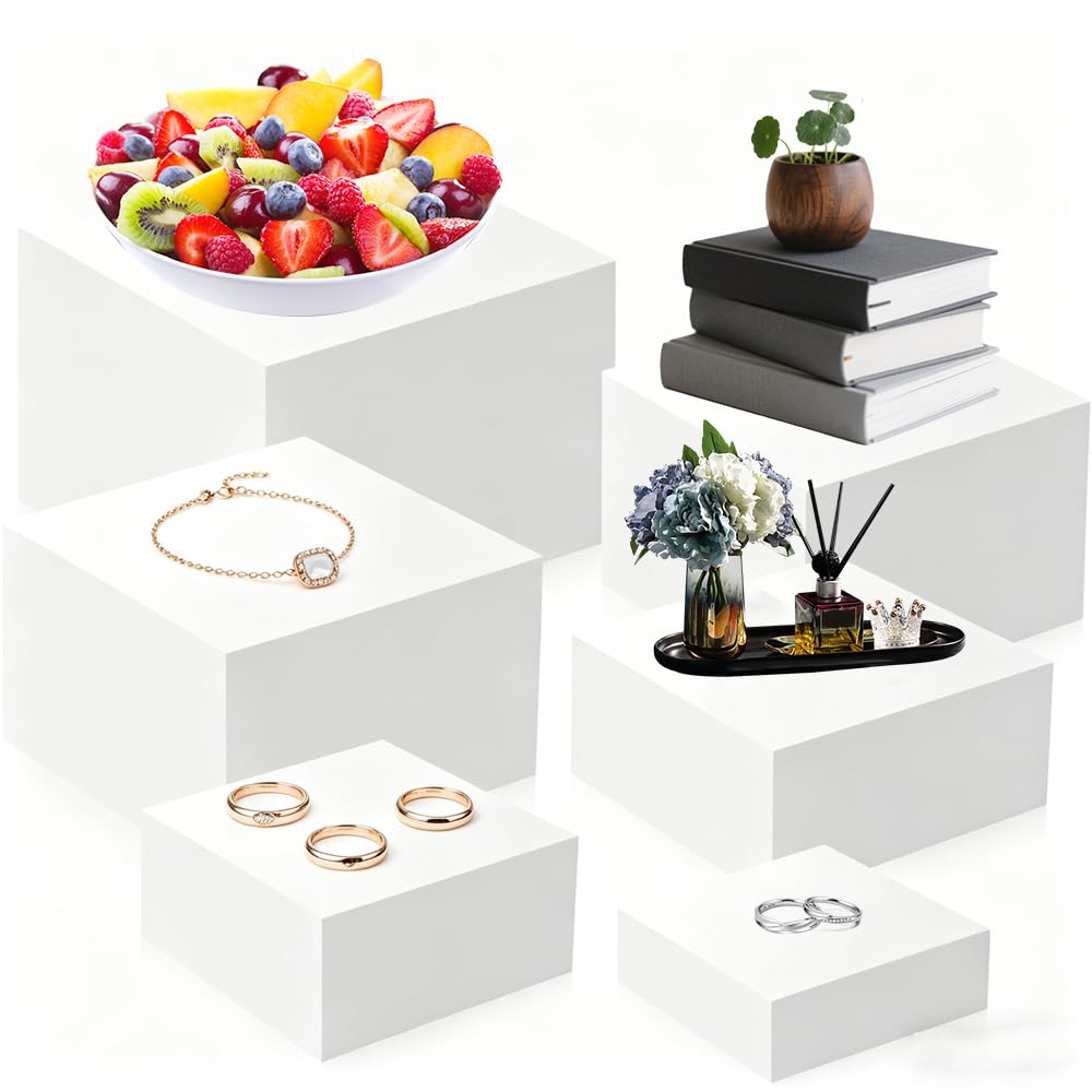 6 Pcs Buffet Risers White Acrylic Display Stands Cube Boxes with Hollow Bottoms Decorative Stand 6 Sizes for Jewelry Candy Table Decor Box Food Riser Party Case