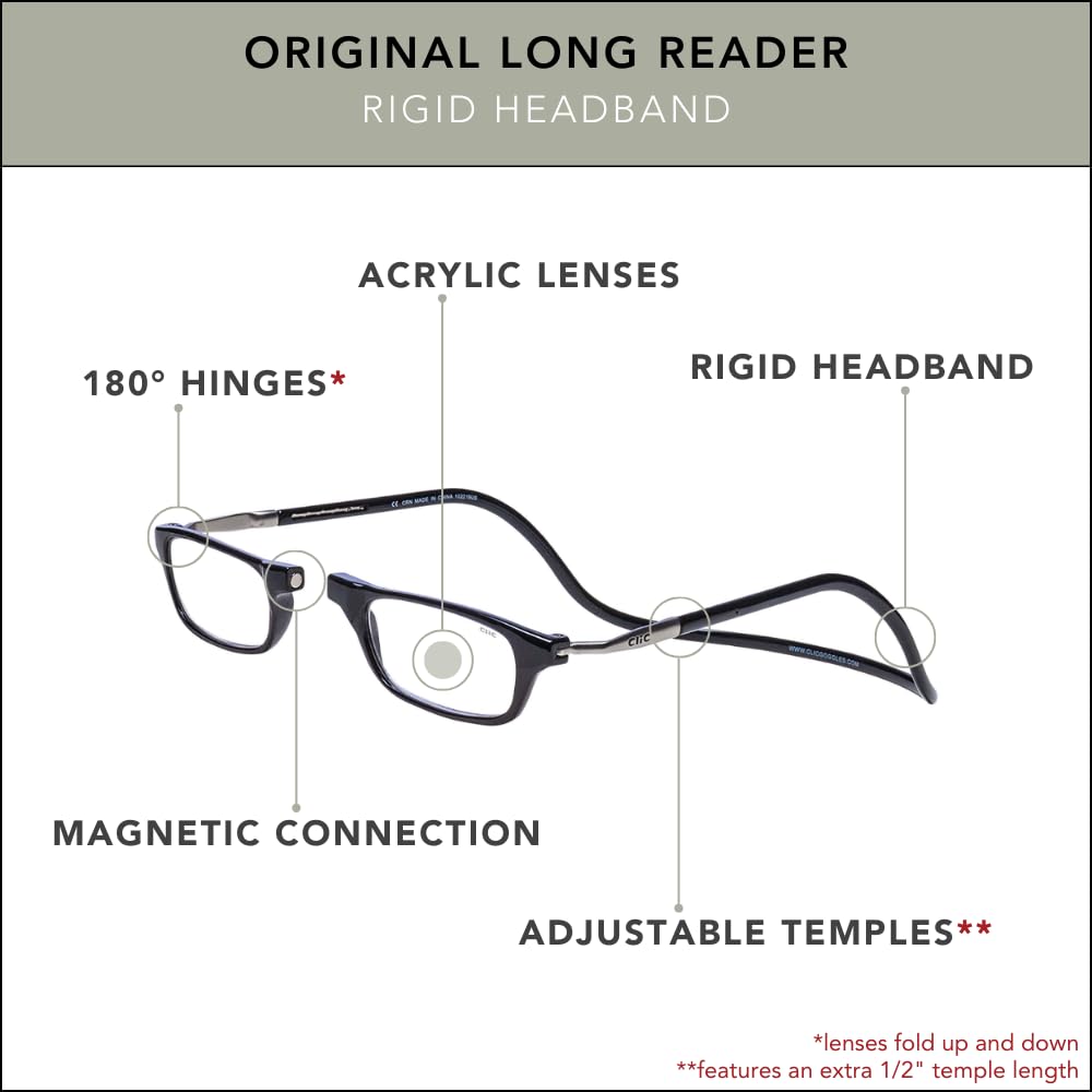 Clic Magnetic Reading Glasses, Computer Readers, Replaceable Lens, Original Long, (M-L, Black, 1.75 Magnification)