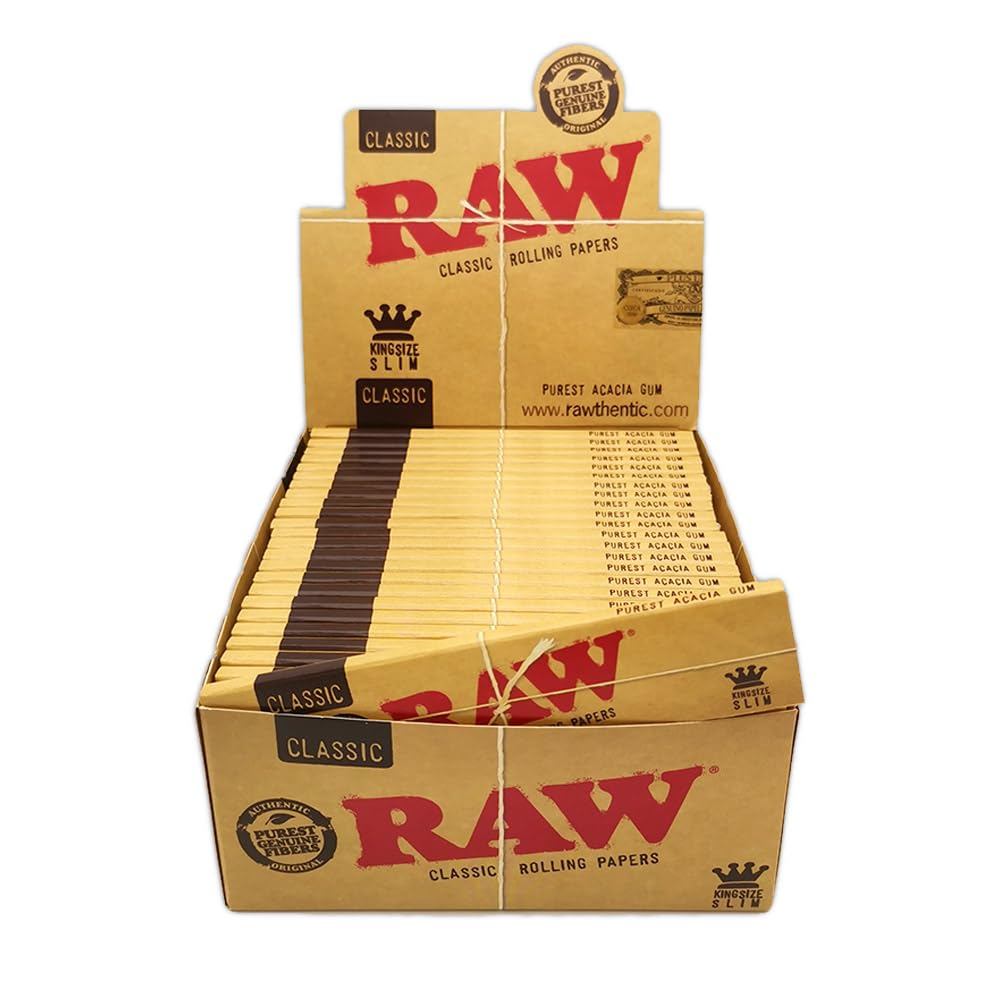 RAW Classic King Size Slim Rolling Paper Full Box, 50 Packs, 1600 Leaves