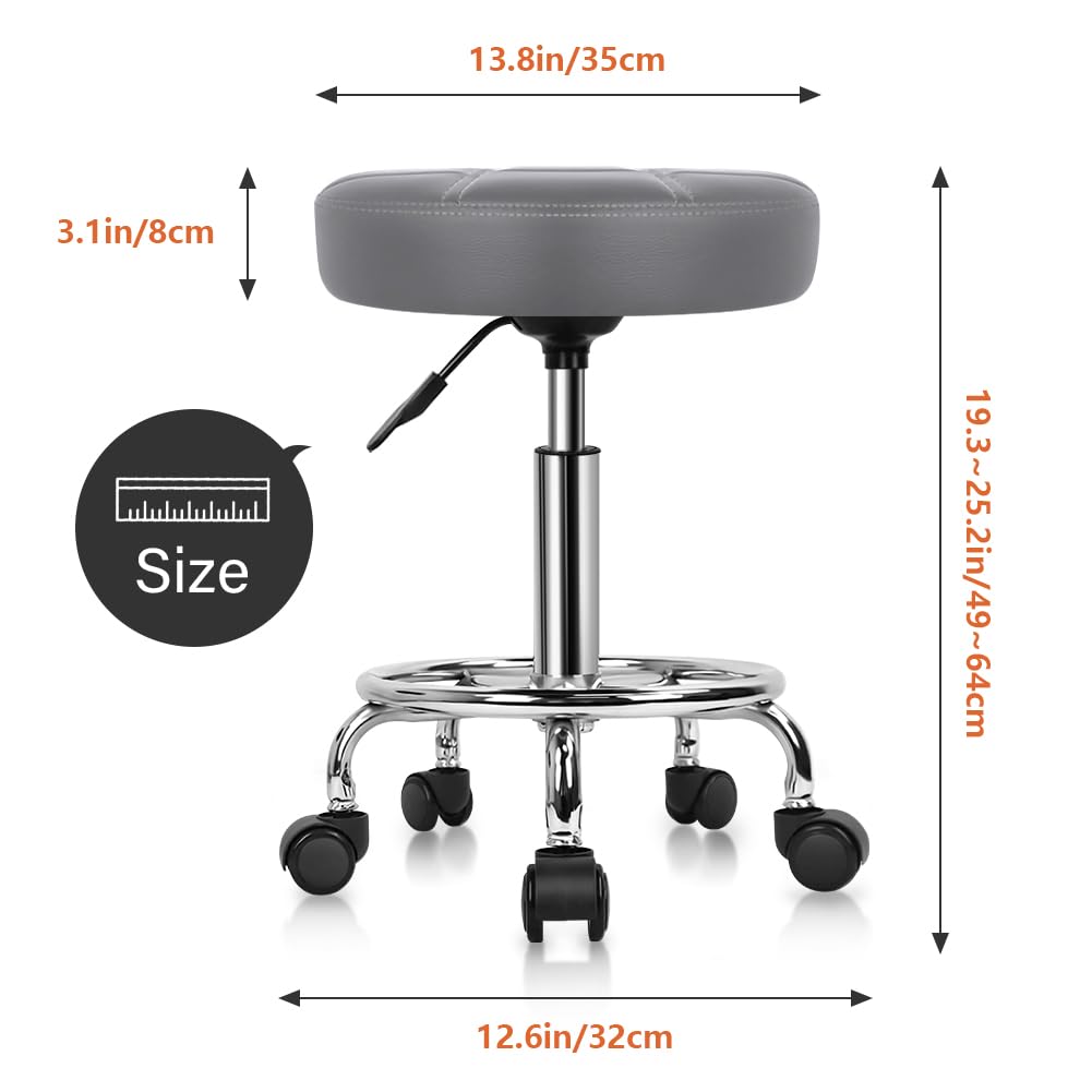 KKTONER Round Rolling Stool Chair PU Leather Height Adjustable Swivel Drafting Work SPA Shop Salon Stools with Wheels Office Chair Small (Gray)