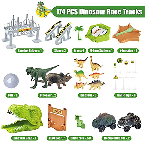 174 PCS Dinosaur Toys Race Track, Flexible Train Tracks with 8 Dinosaurs Figures, 2 Electric Race Cars Vehicle Playset with Lights to Create A Dinosaur World Road Race for Toddlers Kids Boys Girls