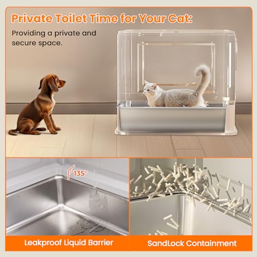 LEEJARD Cat Litter Tray, Stainless Steel Cat Litter Tray with Lid and Extendable Tray, Hop in Cat Litter Tray XXL with Cat Litter Tray Mat & Shovel for Cats up to 15 kg, Easier Cleaning, Leak-Proof
