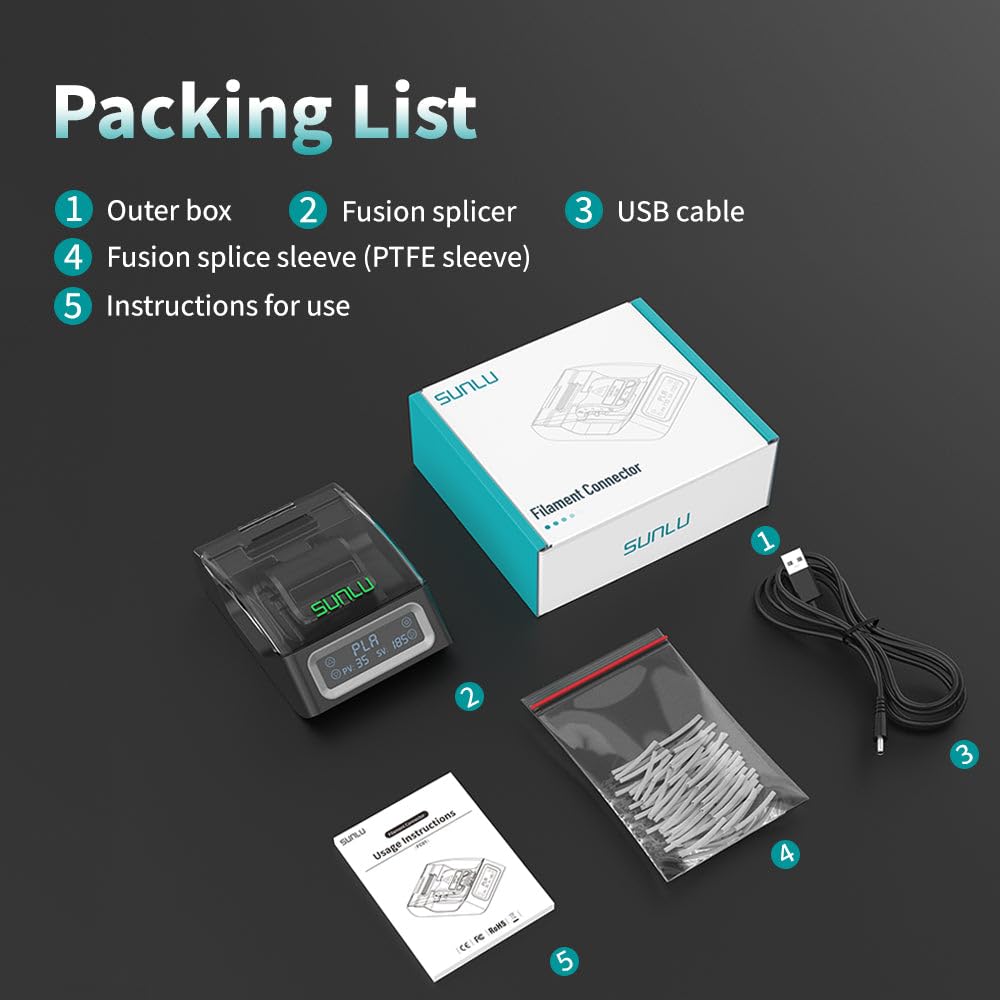 Filament Connector, Filament Splicer with 200Pcs PTFE Sleeve for 3D Printer Filament 1.75mm, Fast Heating Up to 240°C, Metal Joiner Compatible with PLA PETG TPU ABS PA Nylon