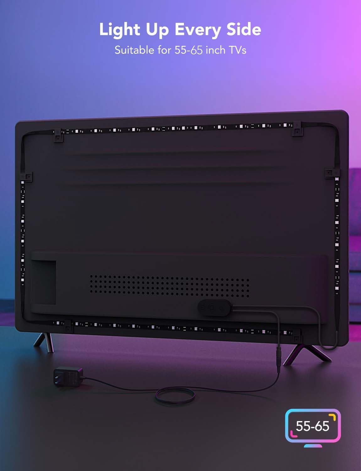 Govee TV LED Backlight, RGBIC TV Backlight for 55-65 inch TVs, Smart LED Lights with Bluetooth and Wi-Fi Control, Works with Alexa & Google Assistant, Music Sync, 99+ Scene Modes, Adapter