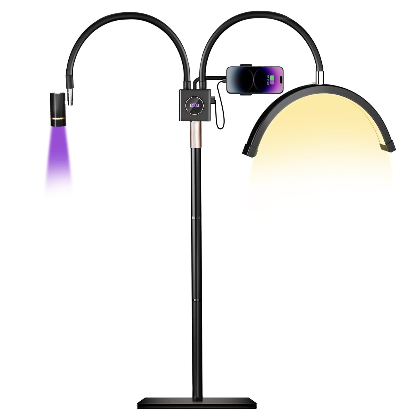 BeeMingle Half Moon Lash Light for Lash Tech, 3-in-1 Professional Esthetician Light with UV Lash Lamp & Phone Holder, Adjustable Height&Brightness for Tattoo,Nail Art,Skincare,Salon,Spa(Black)