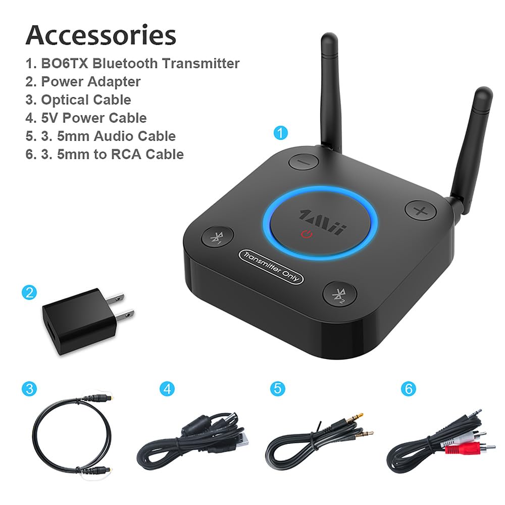 1Mii B06TX Bluetooth 5.2 Transmitter for TV to Wireless Headphone/Speaker, Bluetooth Adapter for TV w/Volume Control, AUX/RCA/Optical/Coaxial Audio Inputs, Plug n Play, aptX Low Latency & HD