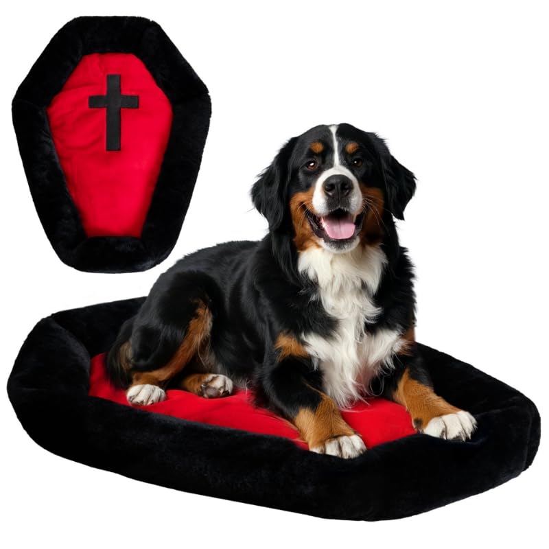 Gothic Cat Beds - Large Washable Coffin Bed, Fluffy - Fits Up to 40 lbs, Halloween House - 32 * 22.4 Inch - Red & Black