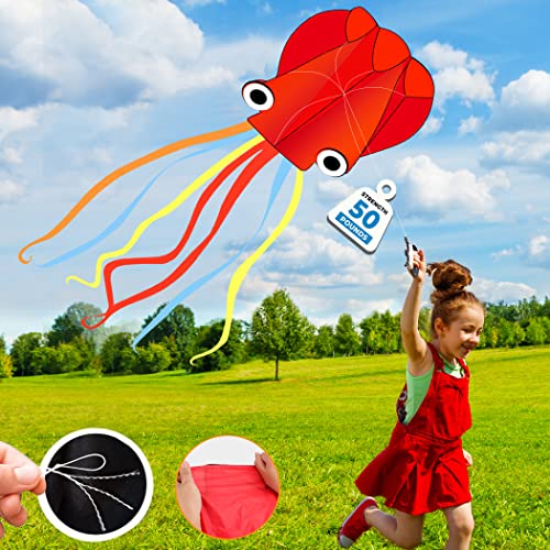 4 Pack Kites - Large Fire Dragon Kite Green Snake Devil Fish Red Mollusc Octopus with Long Colorful Tail for Kids Adults Outdoor Game Activities