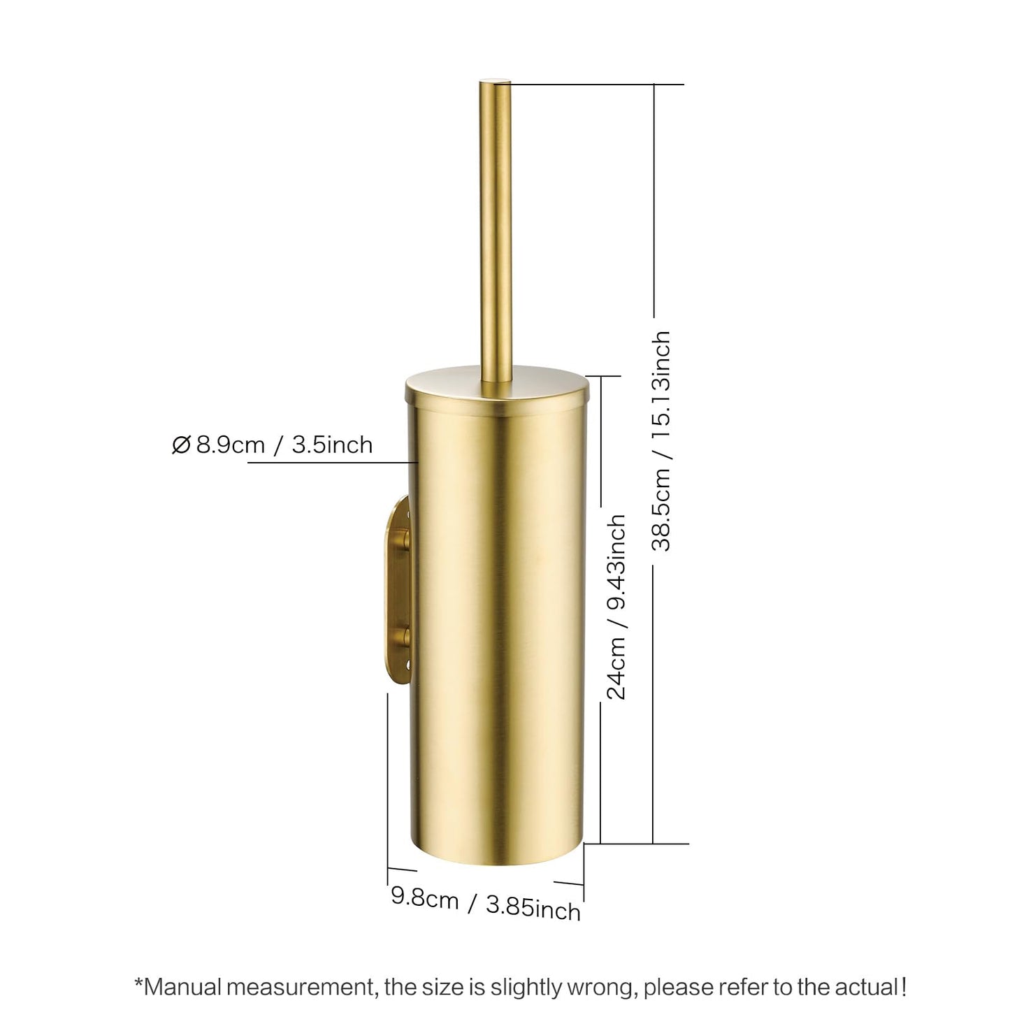Gold Brushed Stainless Steel Toilet Brush and Cover, No-Punch Hook Base Dual Purpose Toilet Brush Holder with Removable Inner Bucket and Splash Cover - Soft Bristles (Brushed Gold)