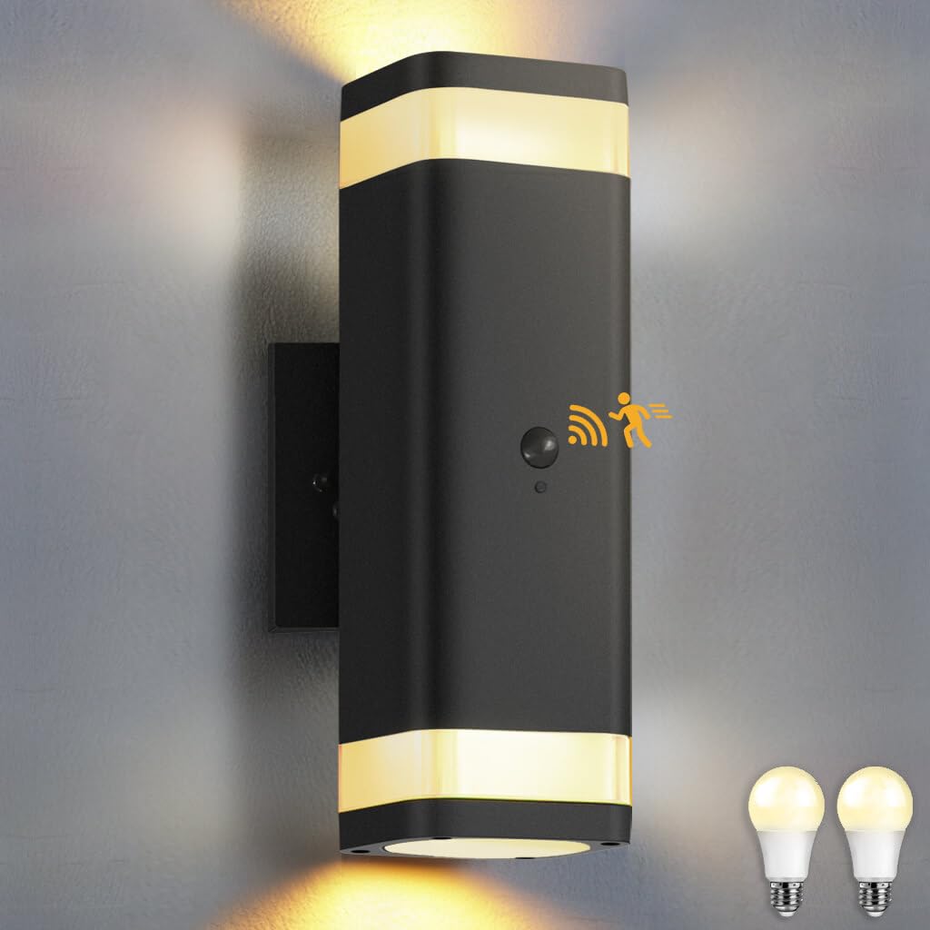 SHIMR Motion Sensor Outdoor Wall Light, Modern Dusk to Dawn Up Down Sconce with 3 Modes, Waterproof Exterior Light Fixture for Porch Garage Patio, 3000K LED Bulb Included, Black Finish