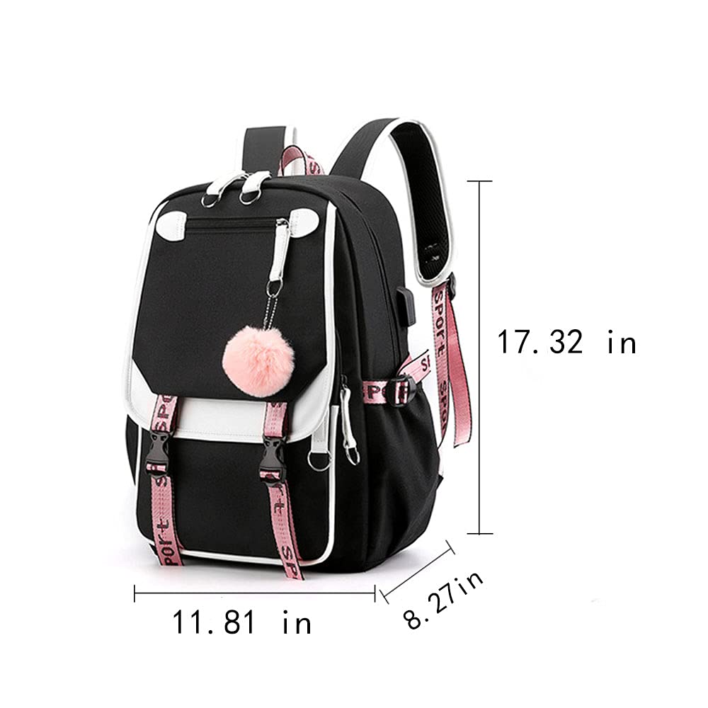 Kids Backpacks For Teen Girls With USB Port, cute black backpack Can Hold 15.6in Notebook,Tablets.Girls Backpack Can Be Used As Gift for Students Or Friends(Black)